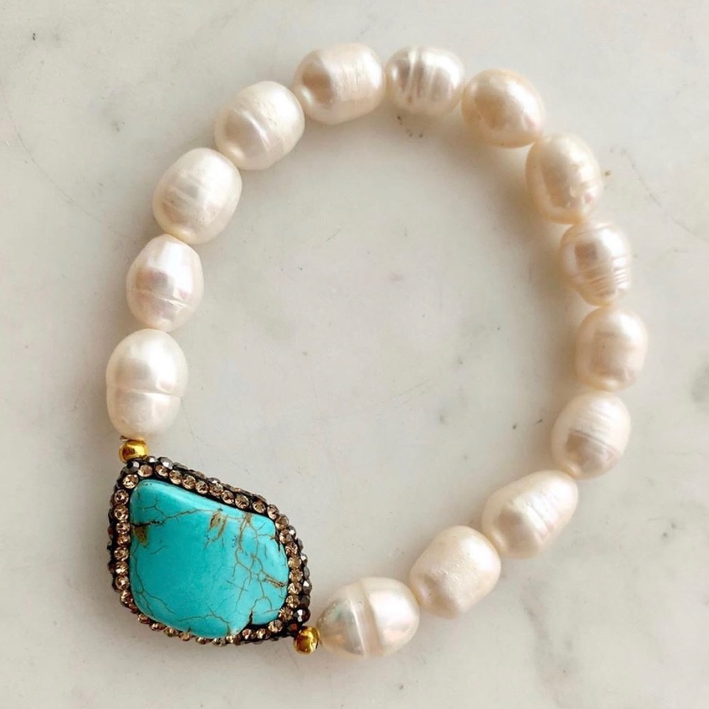 Turquoise Baroque Pearl Swarovski Pave Crystal Stretch Bracelet Crystals